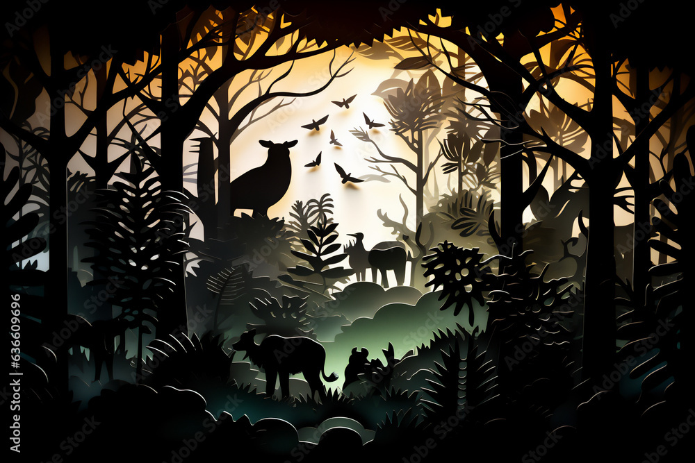 tropical deep forest with paper cut art style, dramatic light, Create using generative AI tool.