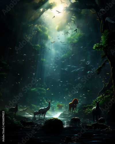 deep rain forest with silhouette of various animals, hyper realistic, dramatic light, Create using generative AI tool. © Maizal