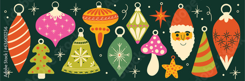 Collection of Christmas ornaments elements, xmas baubles vector illustration set, winter holiday decorations design concep, retro cartoon flat Santa Claus, mushroom, bell, star stickers