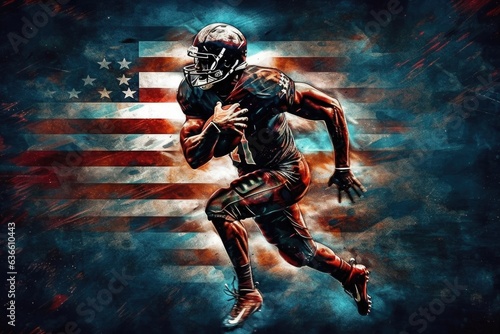 painting of american football player running over american flag. generative AI.