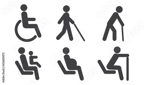 Simple Flat icons set of disability related vector. Includes such Icons as a disabled, blind, Physical constraints, passengers with infants, pregnant women and elderly, Priority Symbols for Disabled.