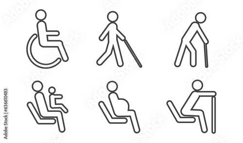 Simple set of disability related vector line icons. Includes such Icons as a disabled, blind, Physical constraints, passengers with infants, pregnant women and elderly, Priority Symbols for Disabled.