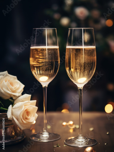 Two champagne glasses for romantic celebration at high fashion dining.
