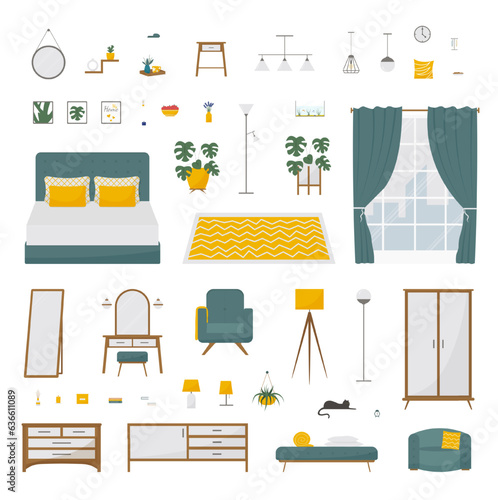Bedroom vector illustration set. Design modern trendy isolated items for cozy home in flat style.