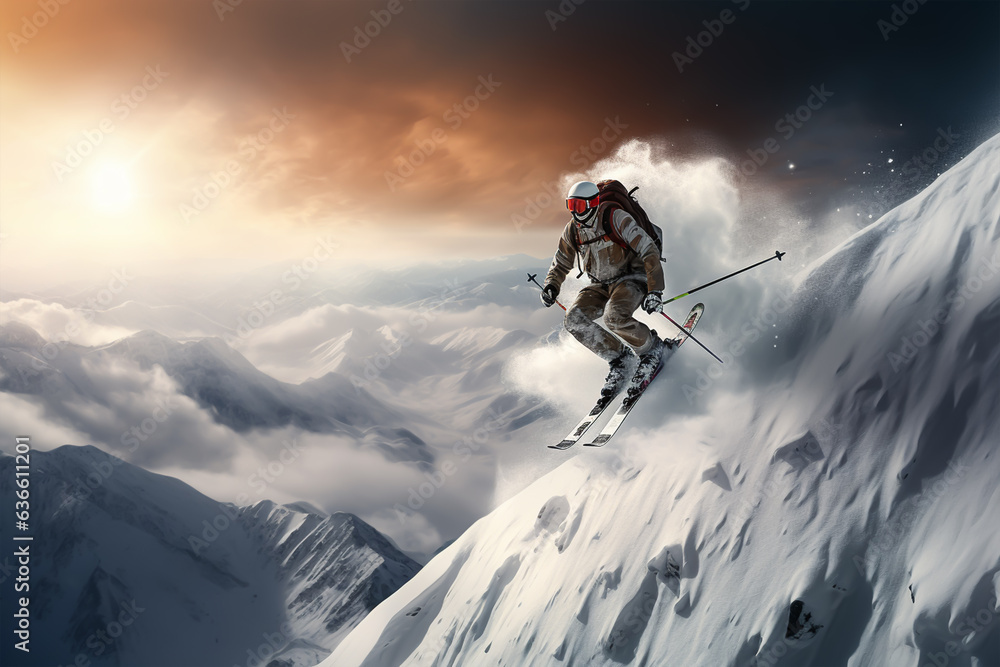 Skier skiing downhill in high mountains at sunset