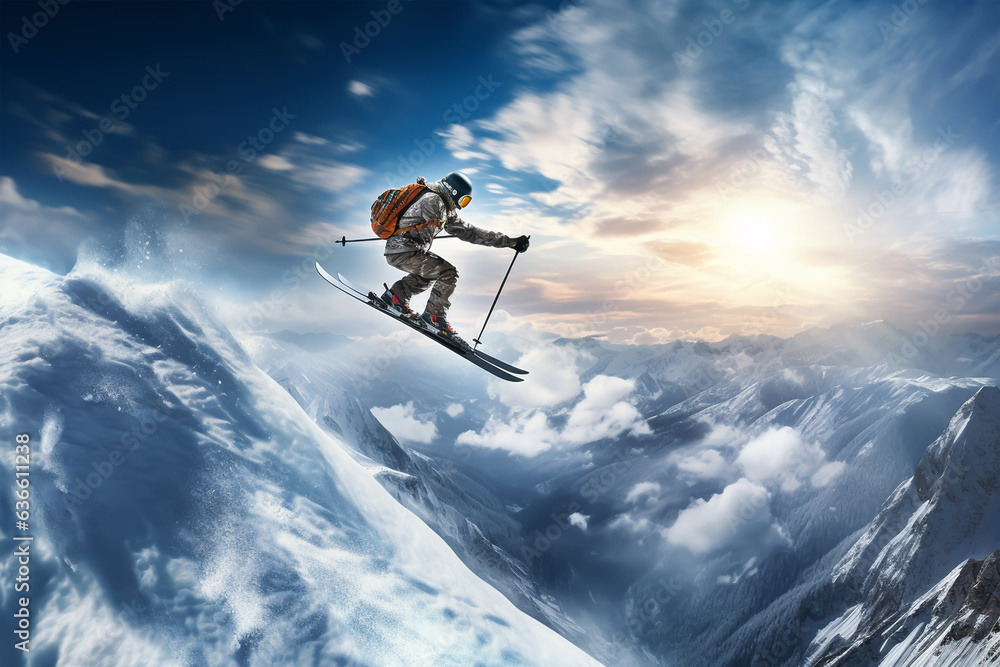 Skier skiing downhill in high mountains at sunset