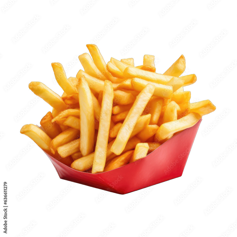 Appetizing french fries in a package on a white transparent background, png Appetizing french fries in a package on a white transparent background, png