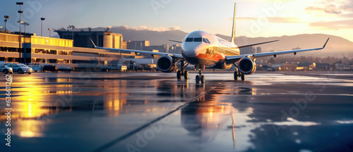 Passenger airplane at the airport at sunset or sunrise. 21 to 9 aspect ratio. Generative AI