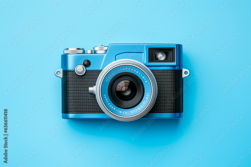 Vintage film camera on blue background. Top view with copy space