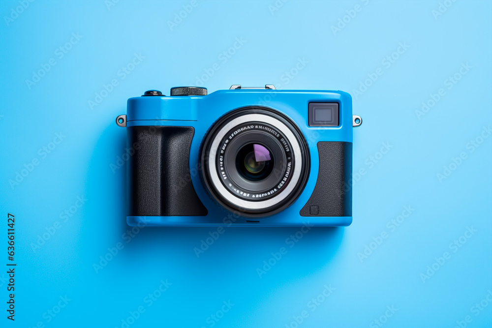 Vintage film camera on blue background. Top view with copy space