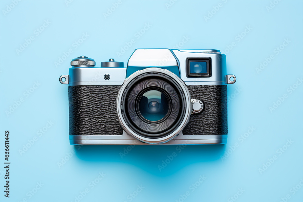 Vintage film camera on blue background. Top view with copy space