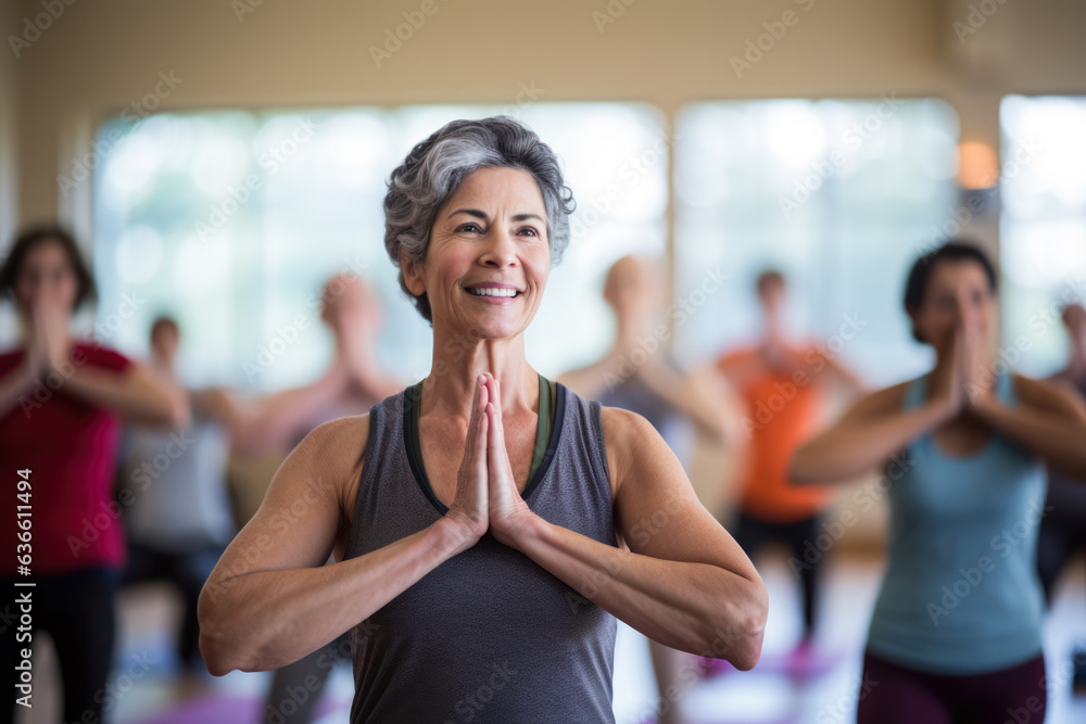 Mature woman leading a yoga class. Generative AI.