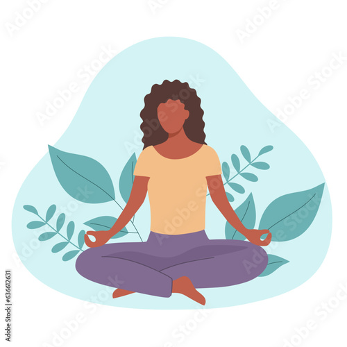 Woman meditating in nature and leaves. Yoga lotus pose for mind relaxation and peaceful.