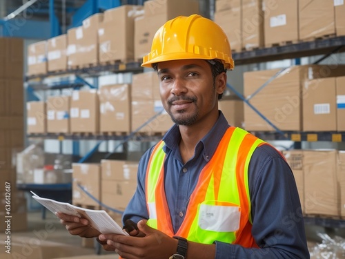 Portrait of a smiling worker with a helmet and a safety vest in a logistics warehouse and with papers in his hands looking at the camera