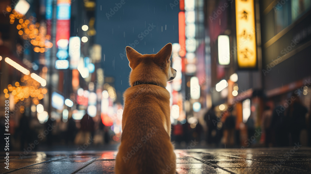 back view of a shiba-inu walking at Shibuya Tokyo, ai generated.
