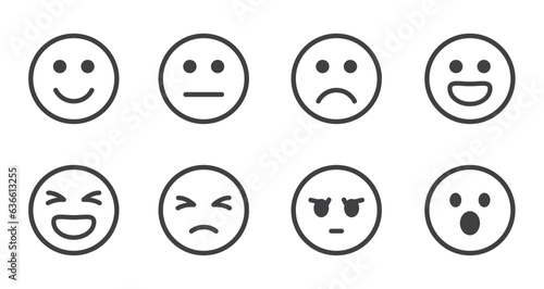 Emoticons mood scale on white background. Face smile icon positive, negative neutral opinion vector rate signs. Angry, sad, neutral emoticon set. funny cartoon Emoji icon.