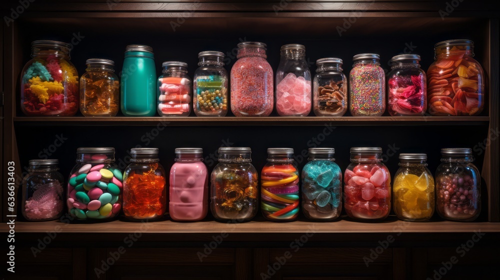 Giant jar of colorful candy on a black background. Big glass jars of colorful candies and sweets on a dark background. Halloween candy. Transparent jar full of sweet multicolored candy. Trick or treat