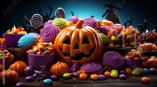 Giant pile of colorful candy on a black background. Big pile of multicolored gummy candy with Halloween pumpkins and cookies with chocolate. Large heap of different colorful sweets on dark background.