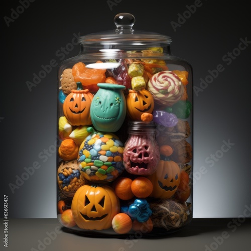 Giant jar of colorful candy on a black background. Big glass jars with halloween pumpkins and colorful candies and sweets on a dark background. Halloween candy. Transparent jar of multicolored candy.