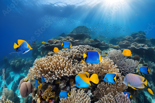 coral reef with fish and coral, beautiful small fishes and coral reefs in the depth of the ocean ans sun light coming into the water , Generative Ai
