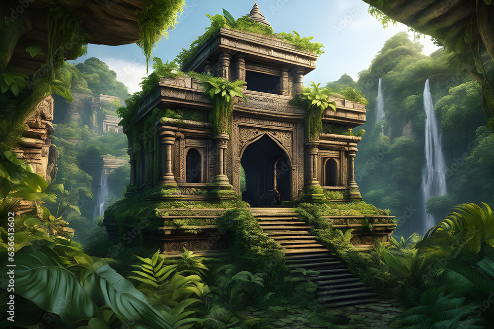 Fotografie temple ,  beautiful temple in the forest with waterfall background , Generative