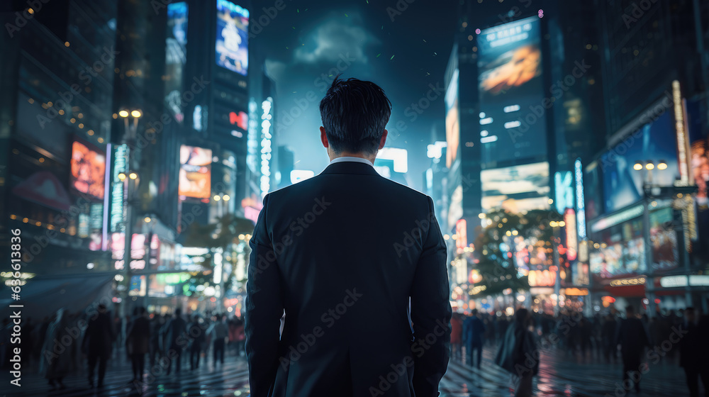 back view of a businessman walking at Shibuya Tokyo, ai generated. back view of a businessman walking at Shibuya Tokyo, ai generated.