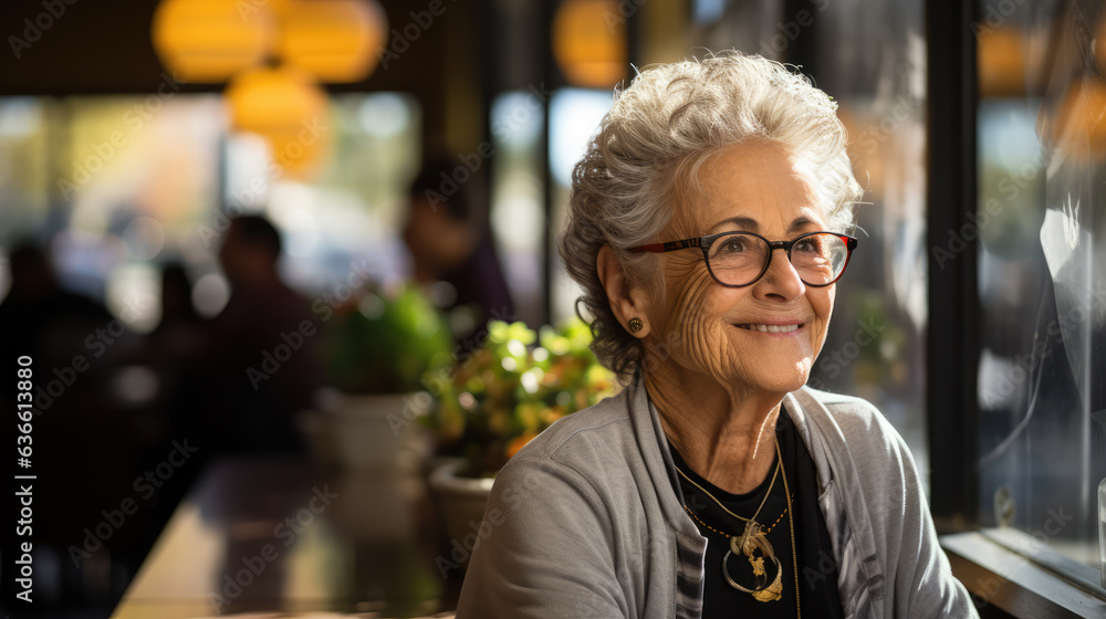 Side angle of a 75 year old businesswoman at coffee shop, ai generated. Side angle of a 75 year old businesswoman at coffee shop, ai generated.