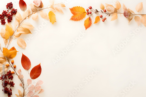 A flat lay of Thanksgiving decorations and autumn leaves
