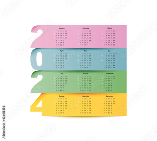 Calendar for 2024 with week starting on Sunday. Vector illustration.