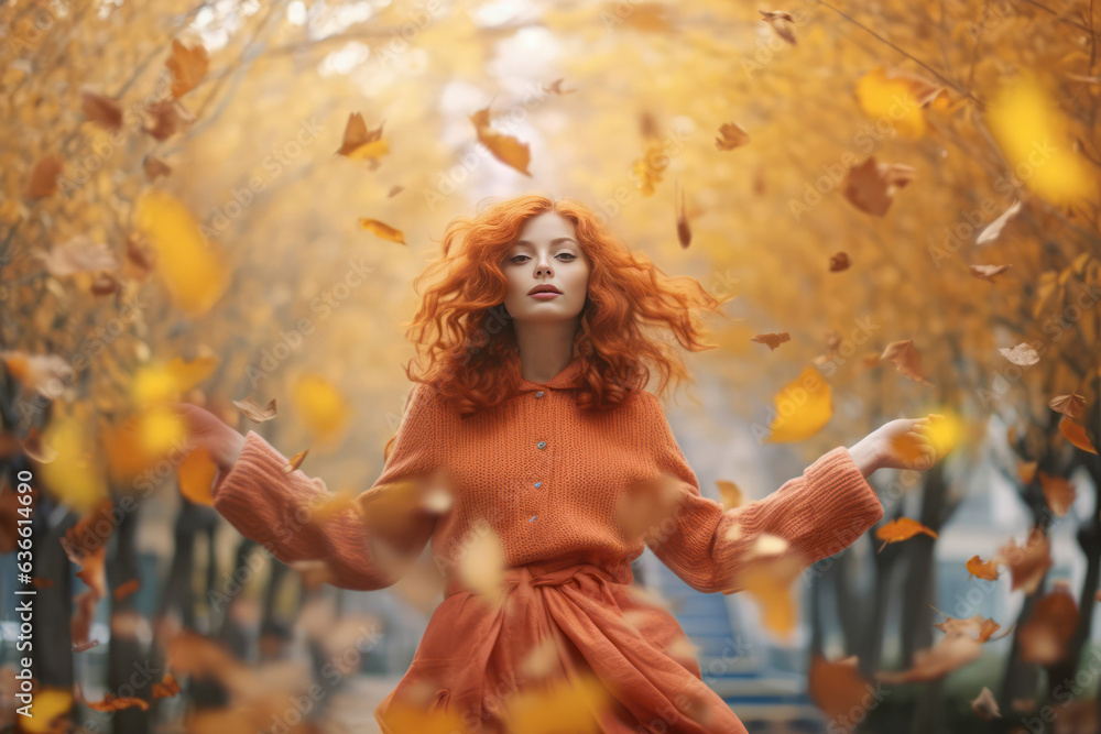 Young beautiful girl with red hair surronded by falling leaves in park. Autumn and fall concept. Generative Ai