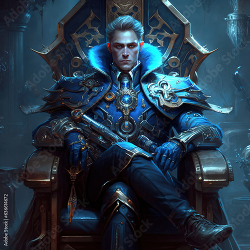 Emperor in heavy armors sits on his throne