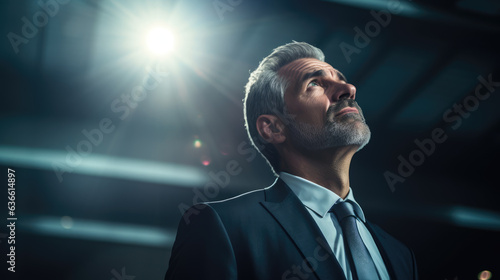 a businessman looking up, nostalic and hazy, rim lighting, dark composit ai generated.
 photo