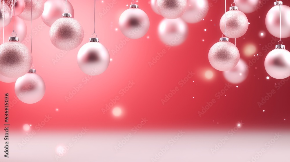 Christmas background composition with copy space. White and silver decoration balls hanging from top Christmas background composition with copy space. White and silver decoration balls hanging from top