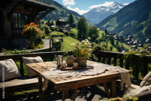 cinematic film still of a cottage core picnic in the alps, Phantom High Speed, ai generated.