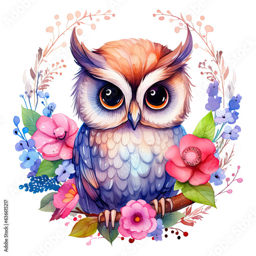An owl surrounded by flowers. Watercolor illustration