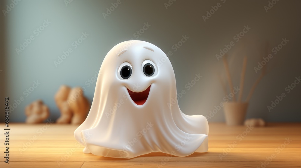 Cute little white ghost with small eyes smiling and looking forward. Small happy Halloween ghost flying with a small smile. Illustration of a cute white ghost on a light blurred background with fog. Cute little white ghost with small eyes smiling and looking forward. Small happy Halloween ghost flying with a small smile. Illustration of a cute white ghost on a light blurred background with fog.