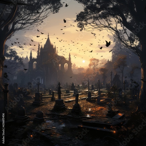 Graveyard on the background of a castle and a rising sun in the early morning with a cloudy sky. Halloween background wallpaper with a cemetery in a spooky autumn forest with daylight and sun rays.