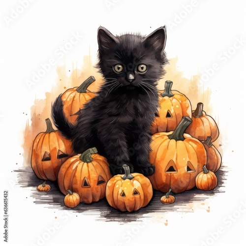 Black cat sitting on a white background surrounded by Halloween pumpkins with smiling scary faces. Illustration of a black cat sitting with orange Halloween pumpkins. Simple drawing. Clip art. Picture © Valua Vitaly