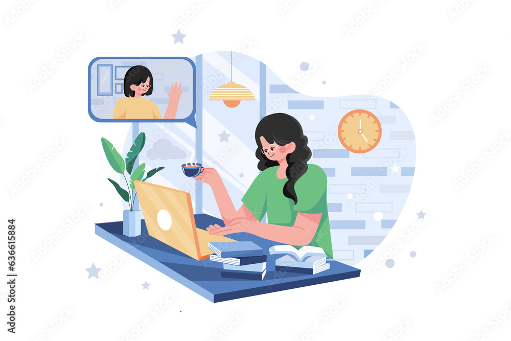 Lady Doing Online Meeting On A Tablet With Coffee Cup On The Desk Lady Doing Online Meeting On A Tablet With Coffee Cup On The Desk
