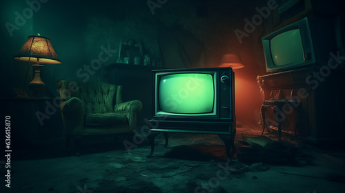 an old-style CRT television casting a spooky evil glow
