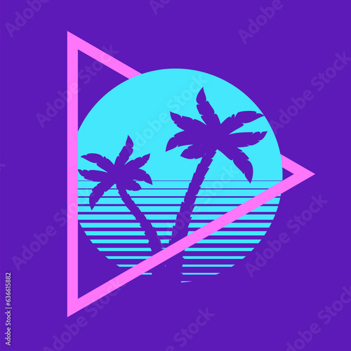 Sunset beach california retro icon. 90s Palm retro california circle gradient silhouette vintage 80s disco print hawai vacation.