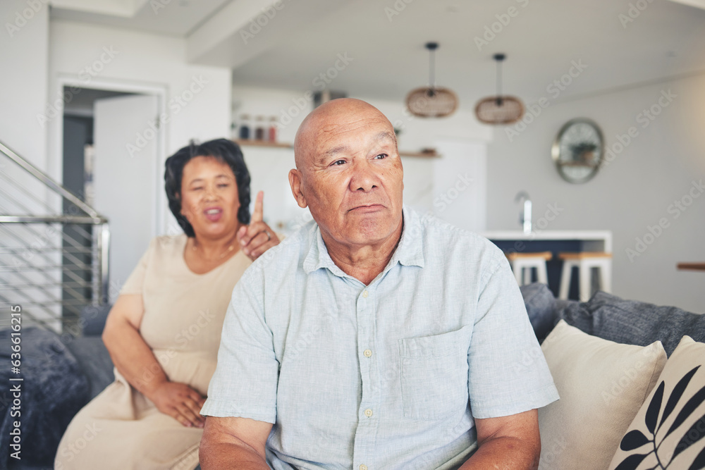 Fototapeta premium Thinking, man or frustrated old couple fight with stress for marriage problem, breakup or bad communication. Shouting, home or angry senior people in conflict or betrayal of cheating drama or divorce