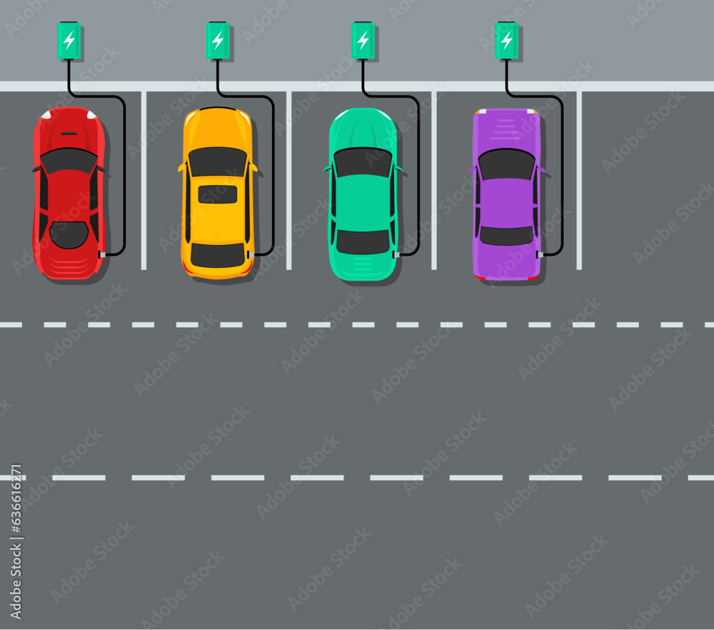 Electric car charger top view. Battery hybrid car parking recharge vector icon Electric car charger top view. Battery hybrid car parking recharge vector icon