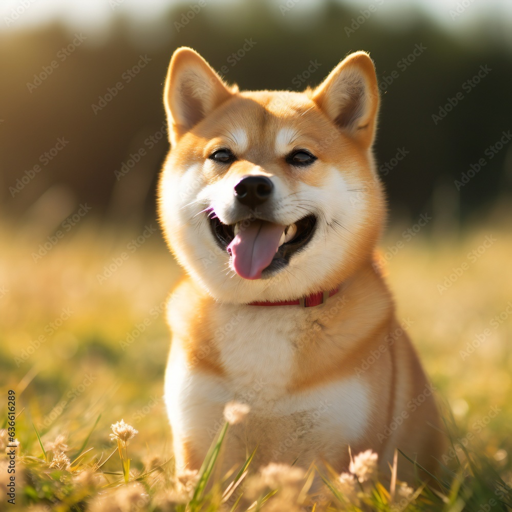 A smiling shibu on a walk in the park. Generative ai A smiling shibu on a walk in the park. Generative ai