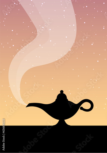 Lamp aladdin magic vector icon smoke. Aladin genie lamp sunset or sunrise bottle wish cartoon illustration.