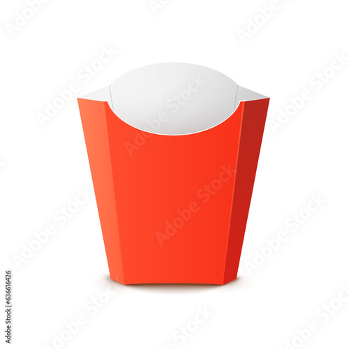 Fry potato package container box. French fries food takeaway design vector paper template cardboard isolated product.