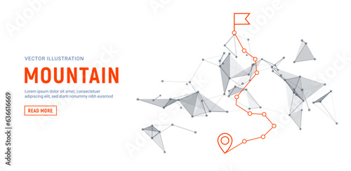 Digital mountain path success route journey. 3d mountain challenge background concept map top success.