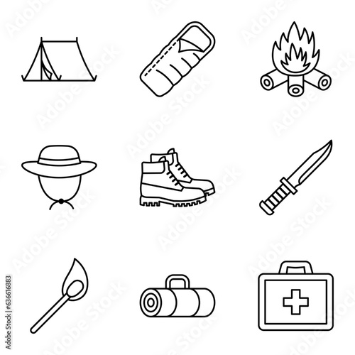 Set of camping object icons. Adventure. Extreme sports, outdoor recreation, adventure in the mountains, vacation.