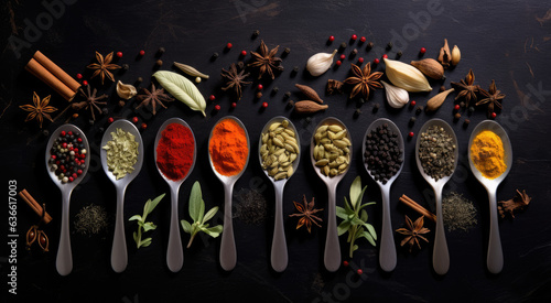 spices in spoon dark background