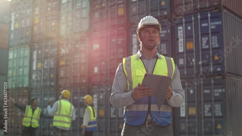 Container worker talking about stock data in digital tablet